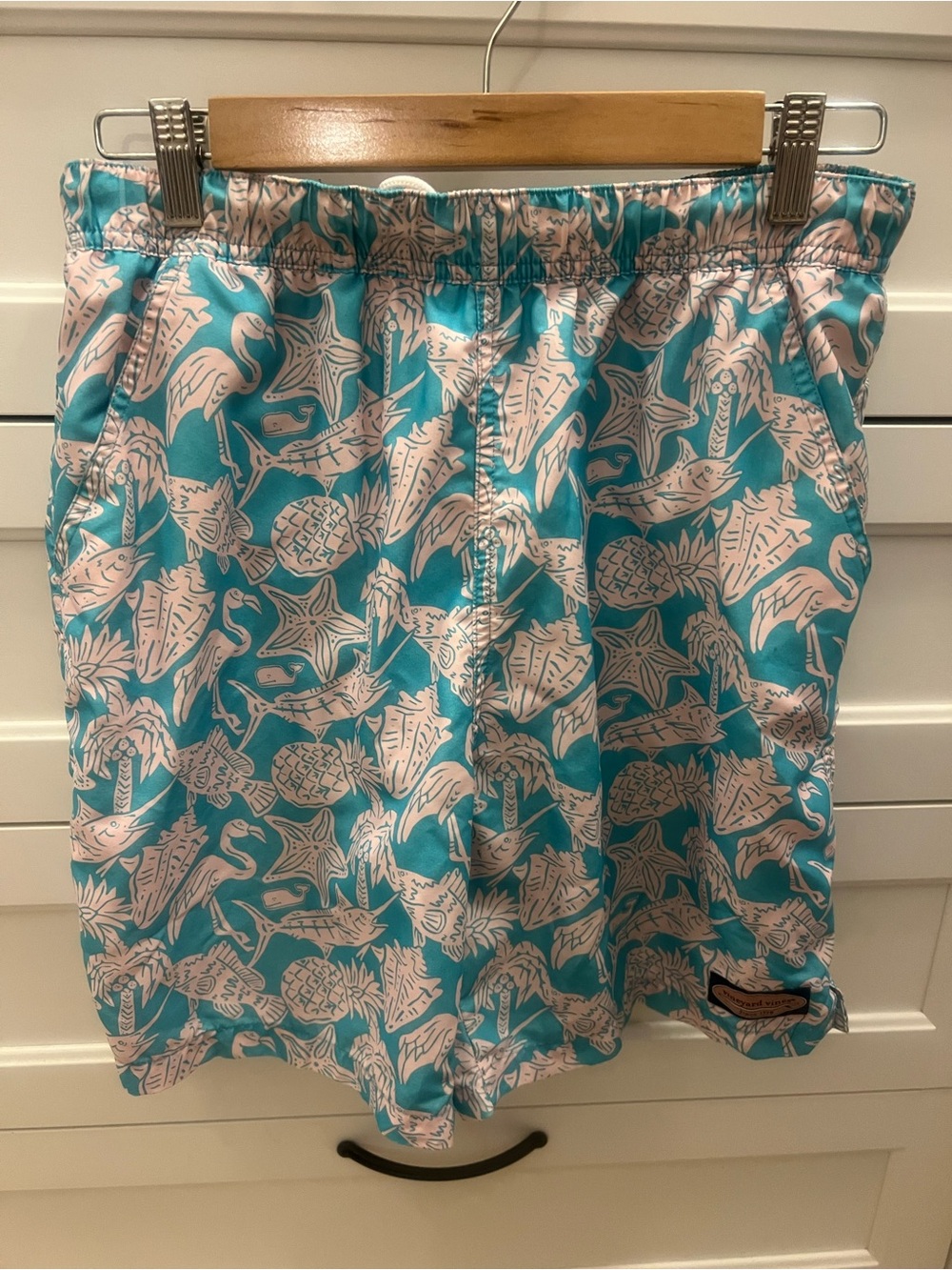 Vineyard Vines Teal & Light Pink Tropical Print Swim Trunks